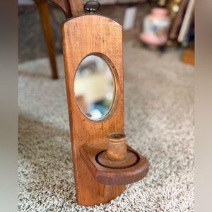 Vintage Wooden Candle Holder with Mirror Pair